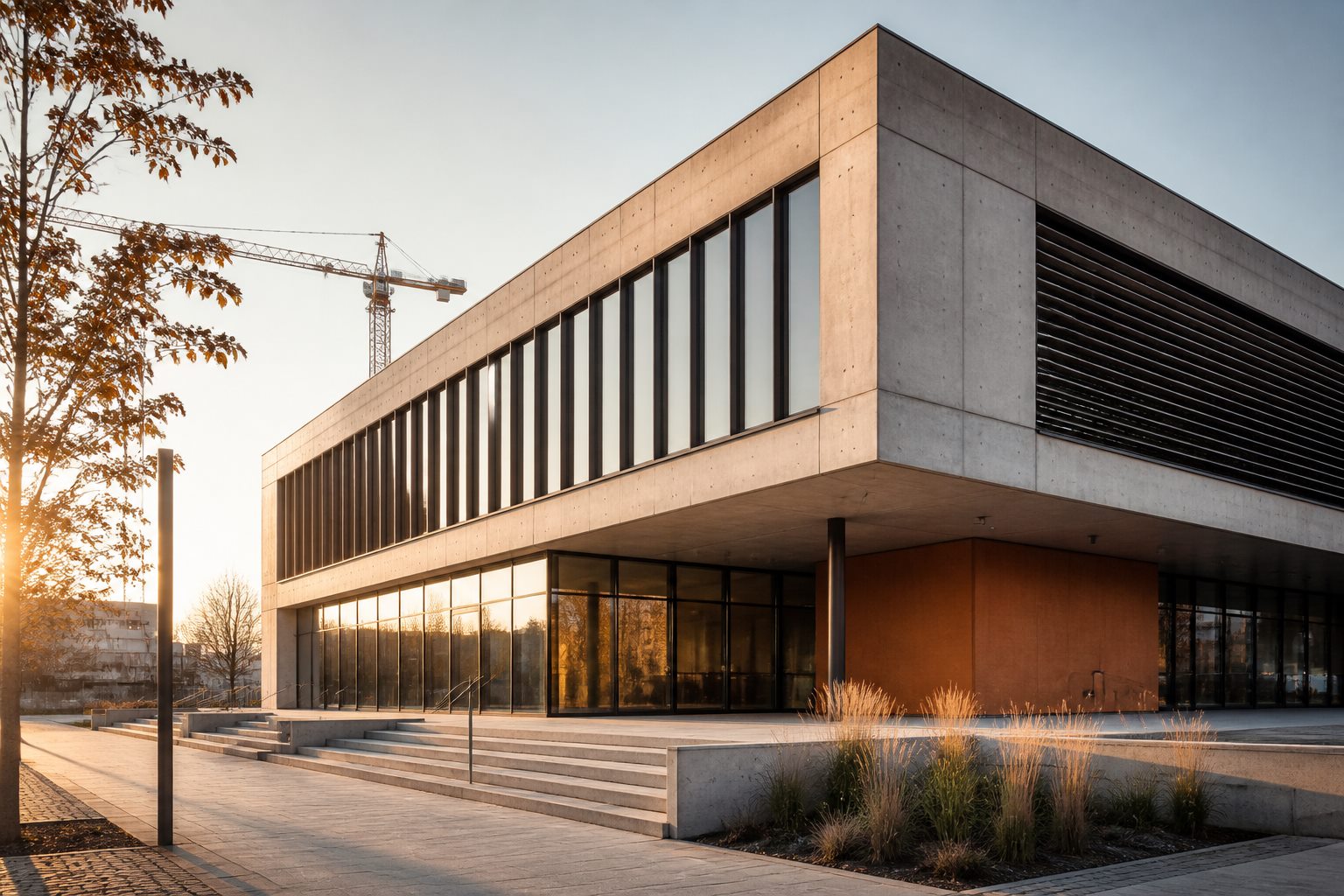 Illusztráció: modern beton- és üveghomlokzatú középület